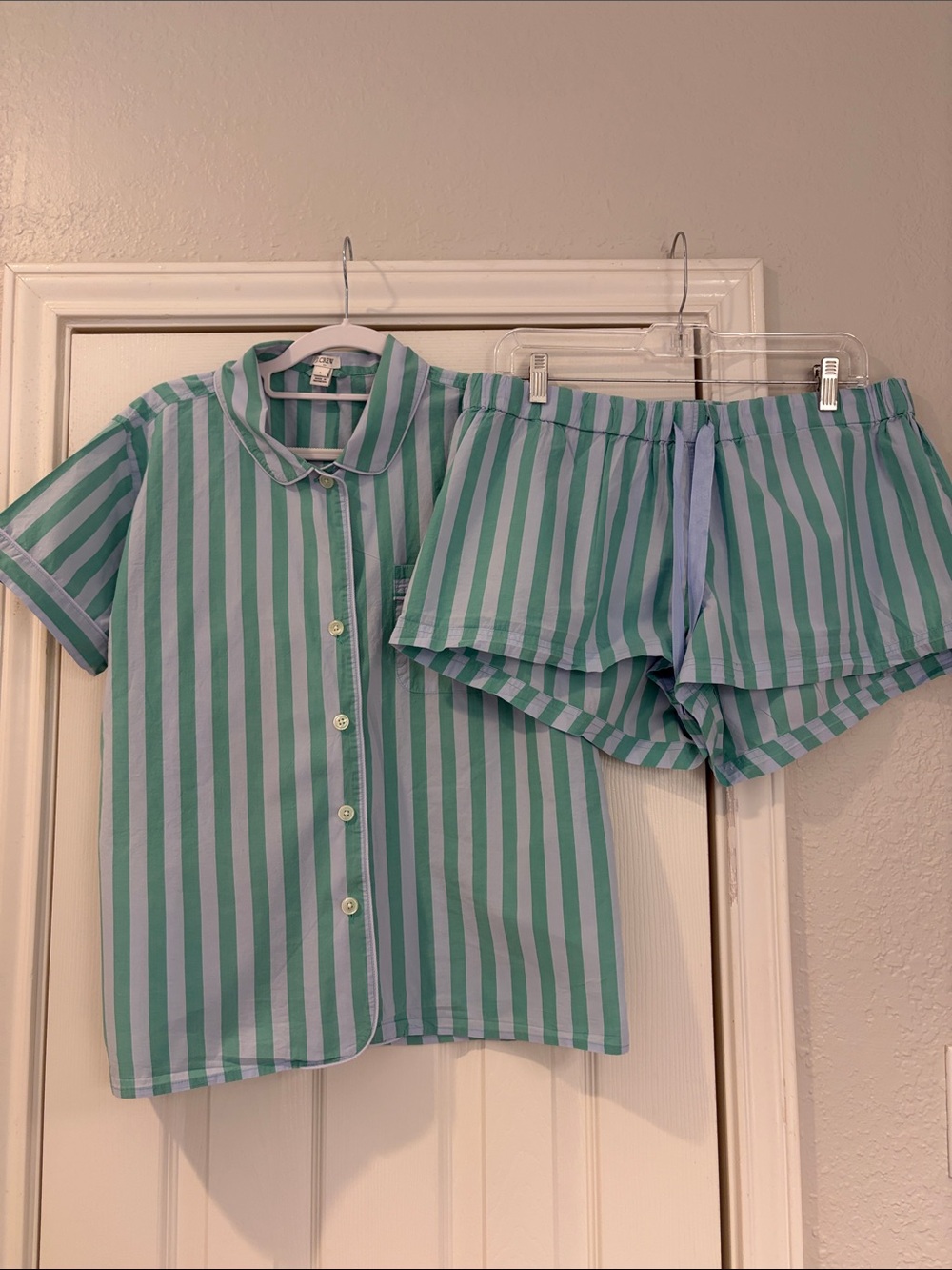 J Crew Striped Short Pajama Set in Green & Light Blue